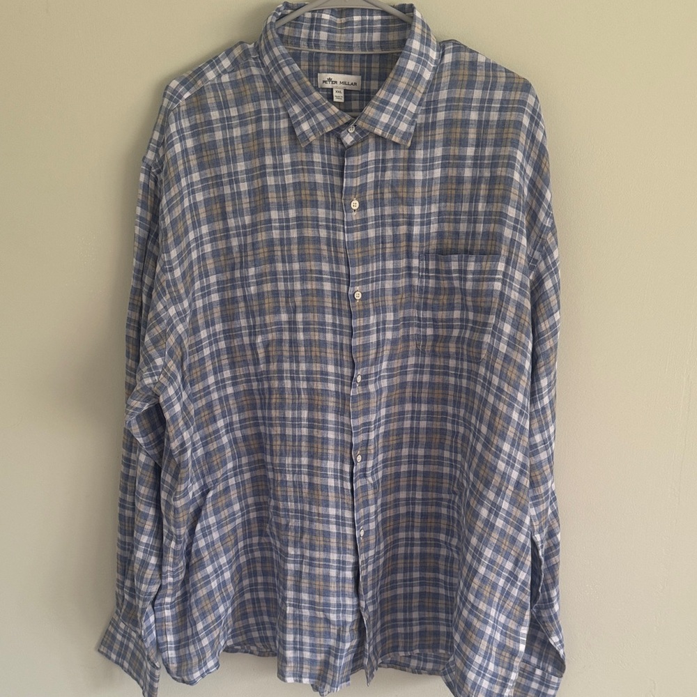 Peter Millar Blue and White Plaid Button-Up Shirt